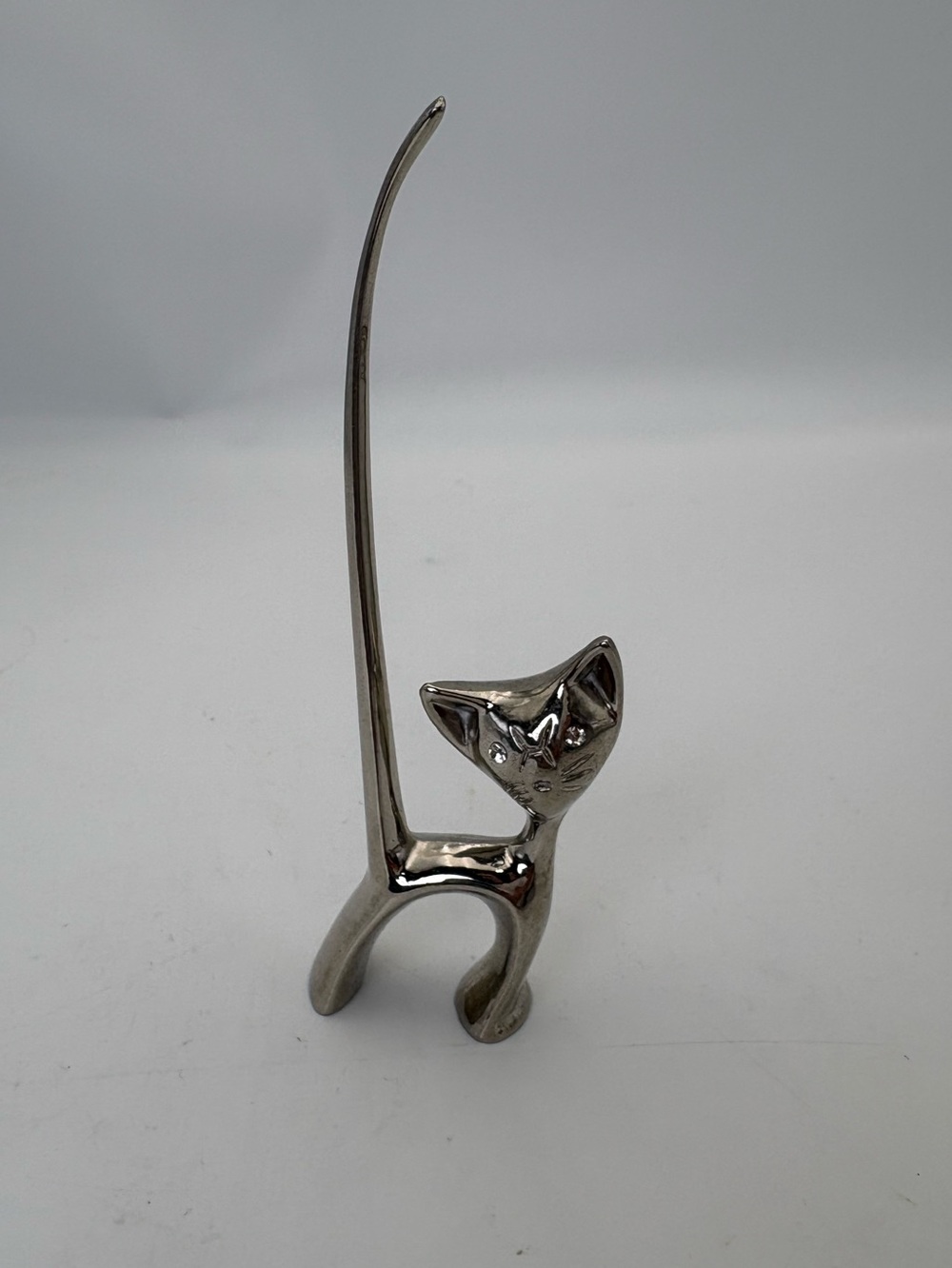 Vintage MCM Chrome Long-Tail Cat Ring-holder with Rhinestone Eyes